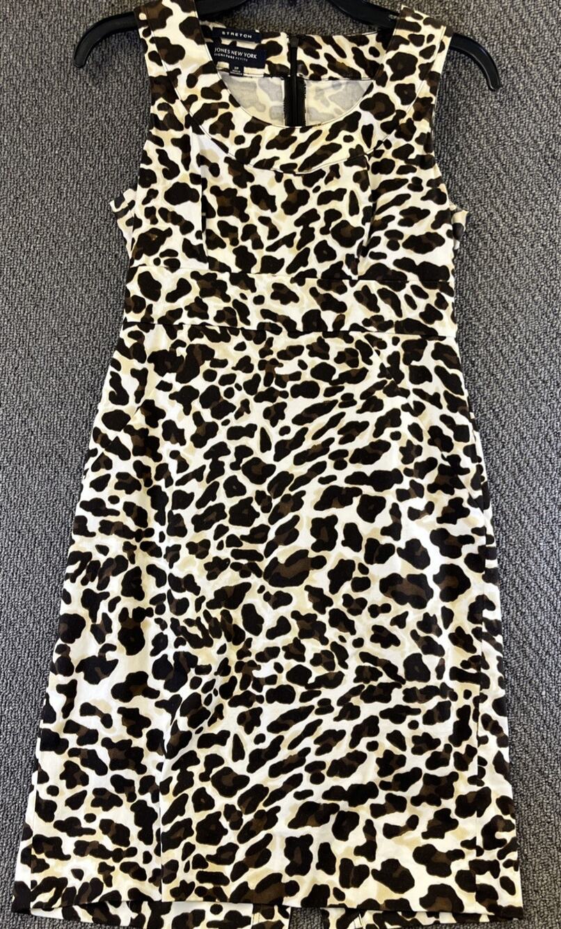 Jones New York Sheath Dress Womens 2 Signature Stretch Brown Cheetah Sleeveless